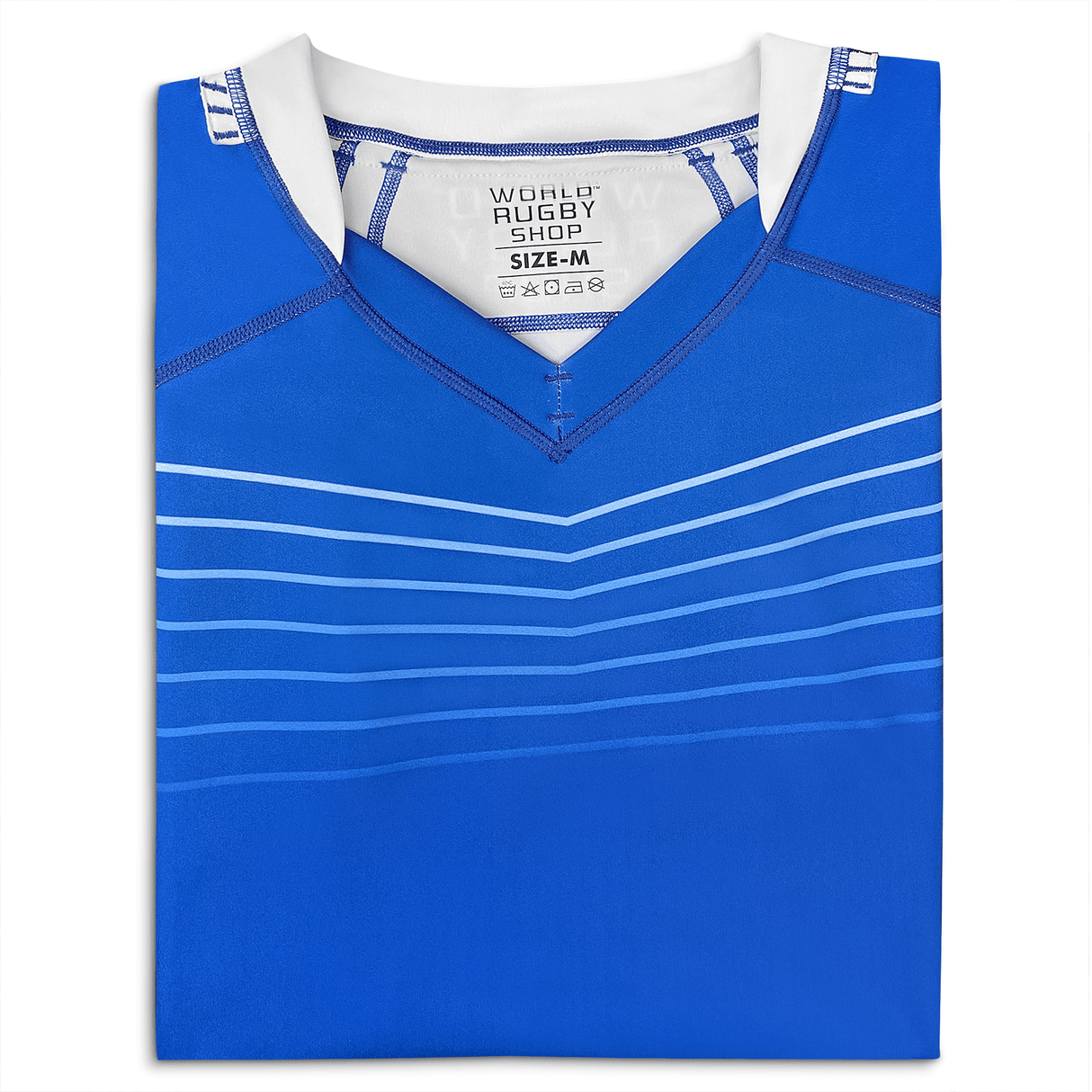 Royal V-Neck jersey with white neck collar and seven white lines across the upper chest.