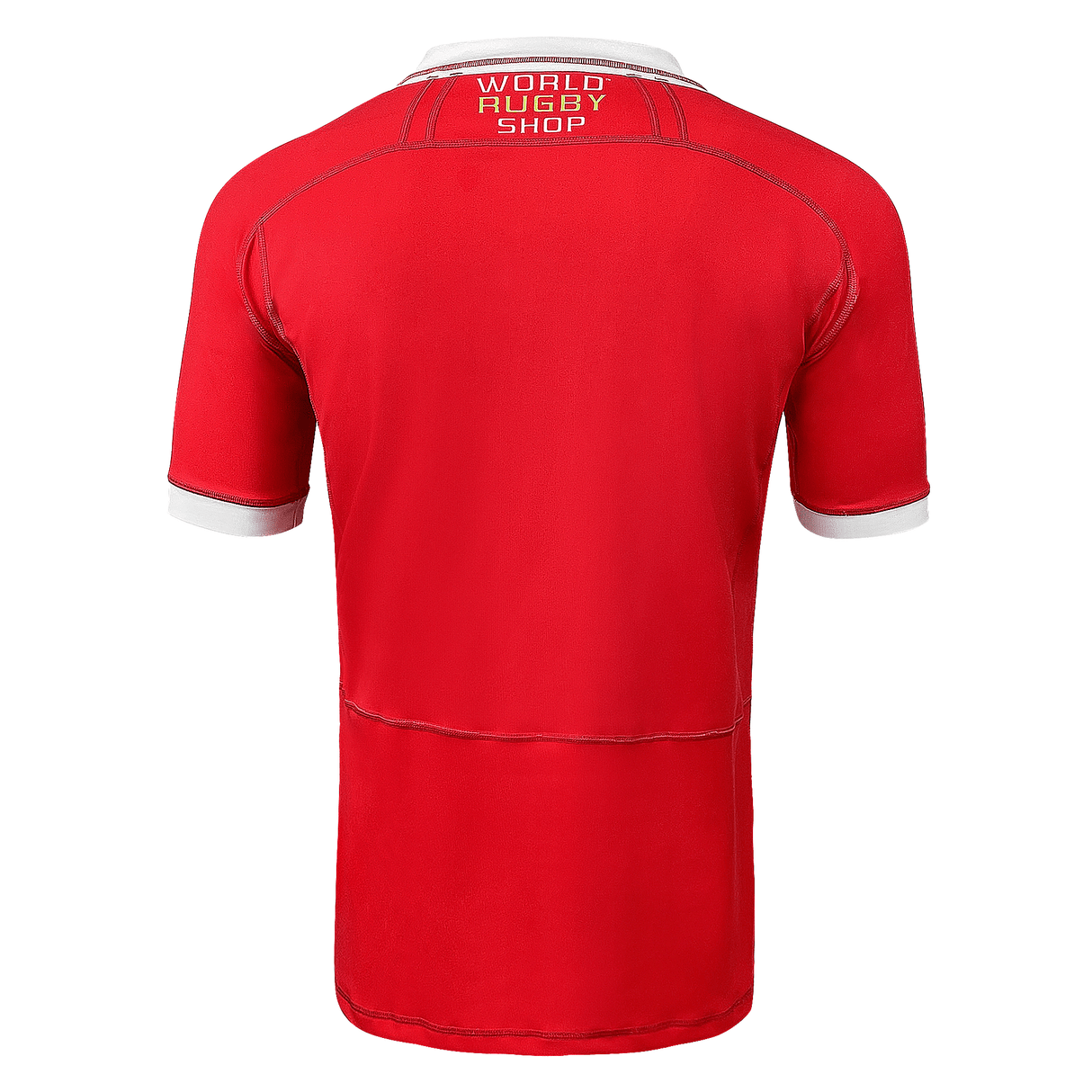 Red poly short sleeve jersey with white collar and sleeve trim. World Rugby Shop under collar in center between the black stitched lines that run across the shoulders and back.