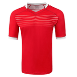 Red short sleeve poly jersey with V-neck and white collar and cuffs. Seven white lines run across the upper chest.  