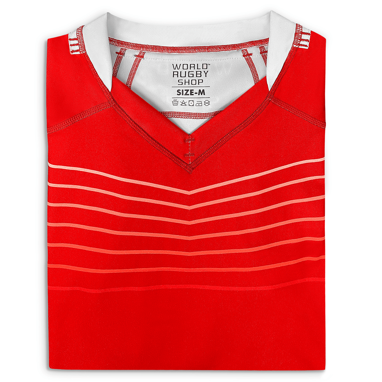 Red V-Neck jersey with white neck collar and seven white lines across the upper chest.