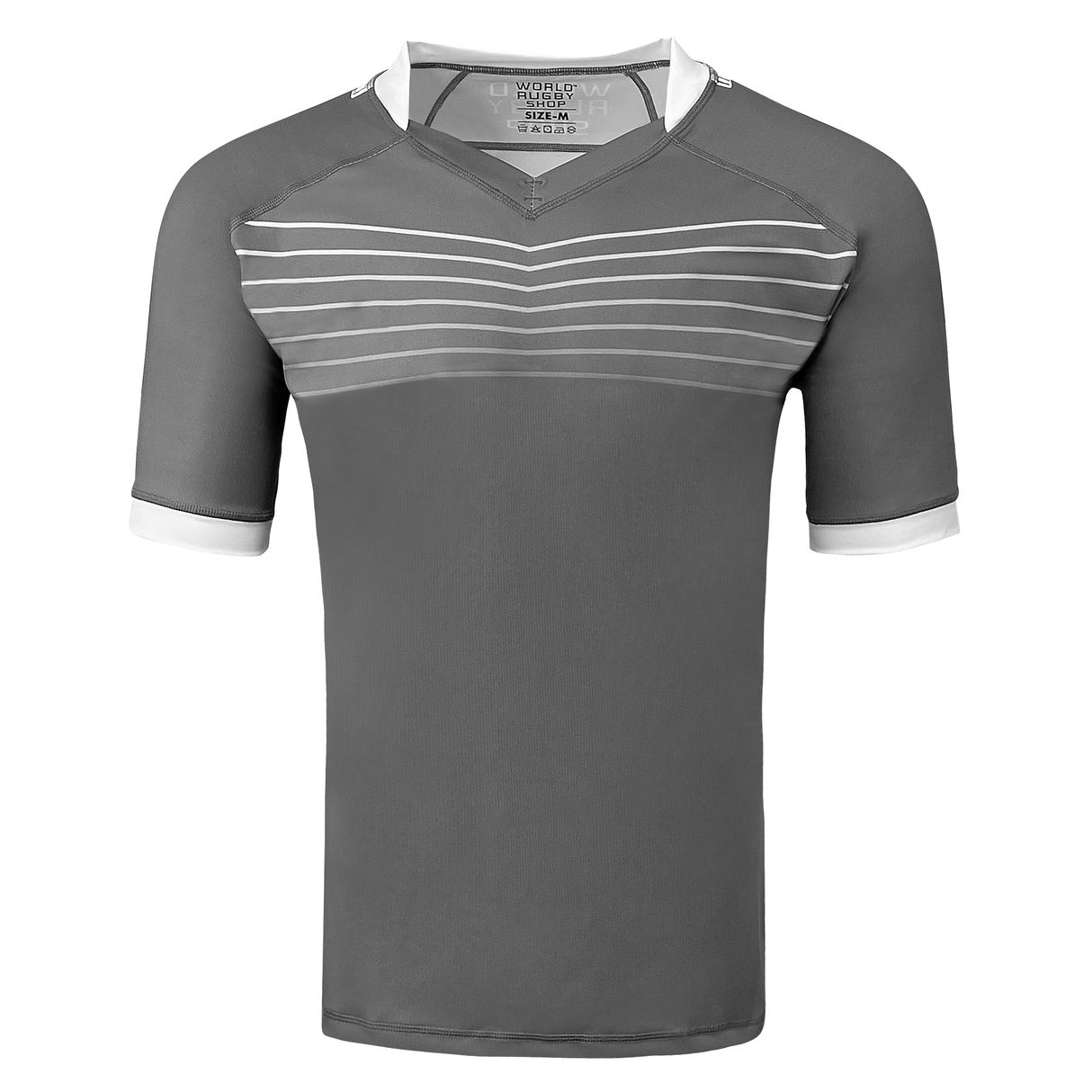 Gray short sleeve poly jersey with V-neck and white collar and cuffs. Seven white lines run across the upper chest.  