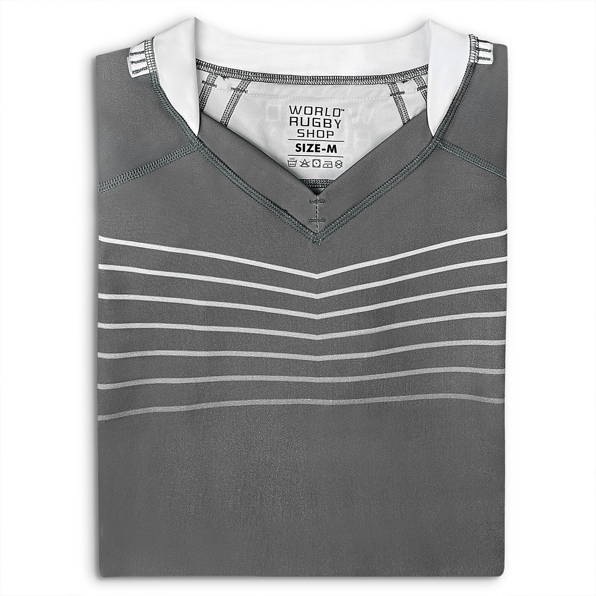 Gray V-Neck jersey with white neck collar and seven white lines across the upper chest.