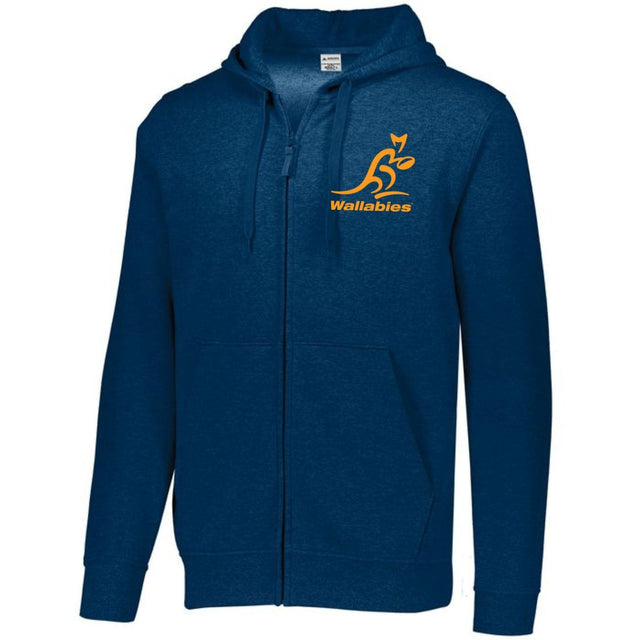 Navy full-zip hoodie with a gold Wallabies logo over the heart.