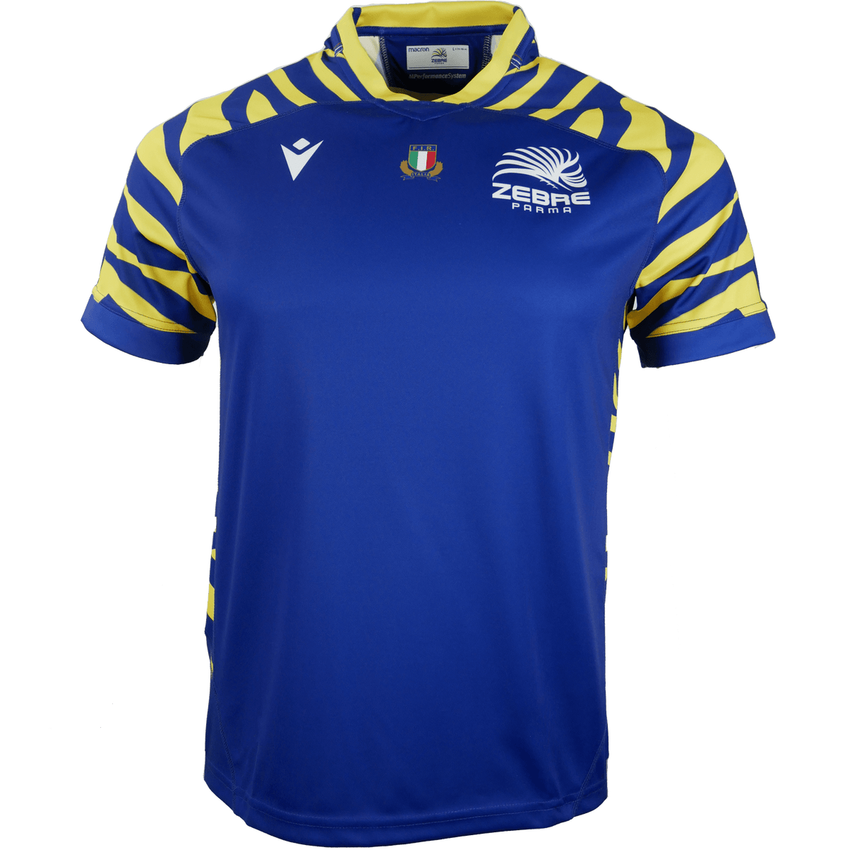 A Macron Zebre Rugby Club Home Jersey 22/23 with yellow stripes.