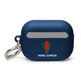 Navy airpods pro case with a Manu Samoa logo and silver hook.