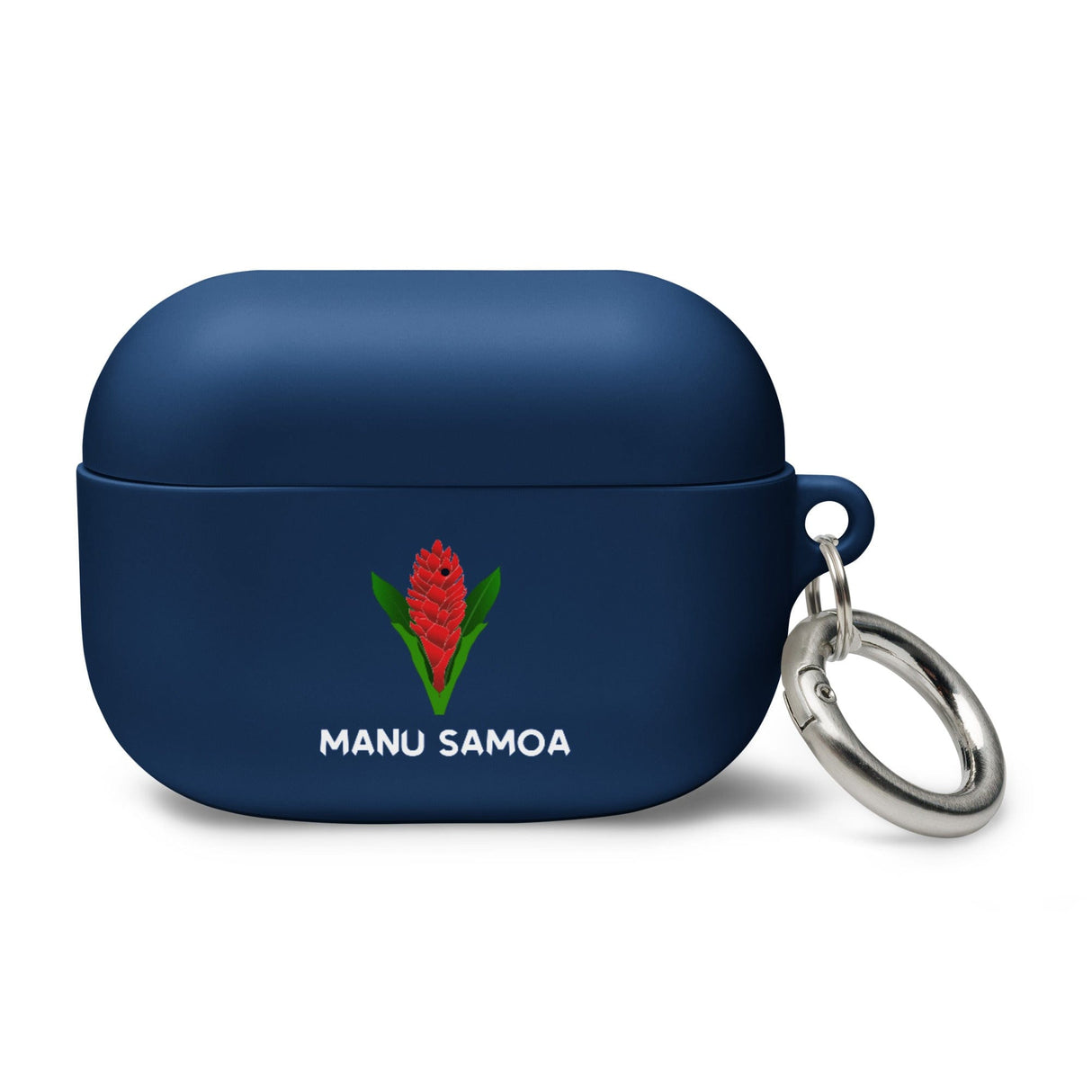 Navy airpods pro case with a Manu Samoa logo and silver hook.