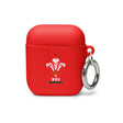 A red Wales Rugby Union AirPods case with a metal keychain attached to it.