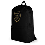 A Rugby Hive Sports Backpack with a gold bee on it.