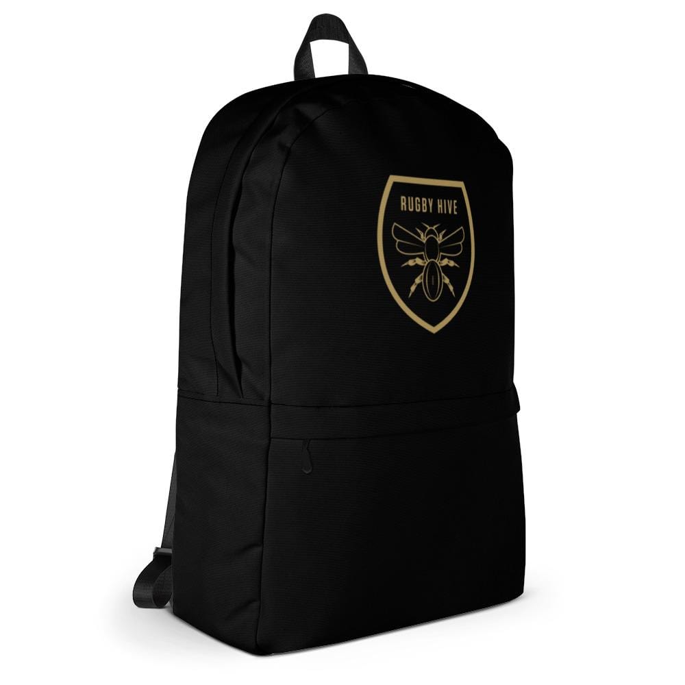 A Rugby Hive Sports Backpack in black with a gold bee on it.