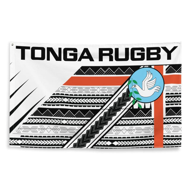 A Tonga Rugby Flag with a picture of a bird on it.