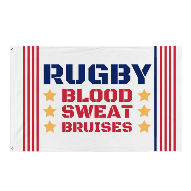 White flag with red and blue stripes, yellow stars, and 'RUGBY, BLOOD, SWEAT, BRUISES' inscription