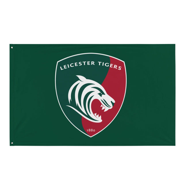 Green flag with 2 grommet holes and a large Leicester Tigers green, red and white logo.