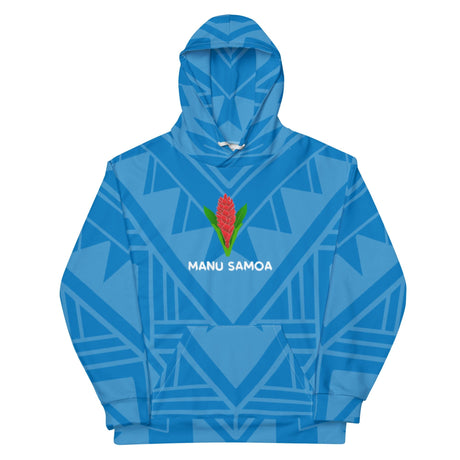 Hoodie with a blue on blue geometric design throughout and Manu Samoa logo center front.