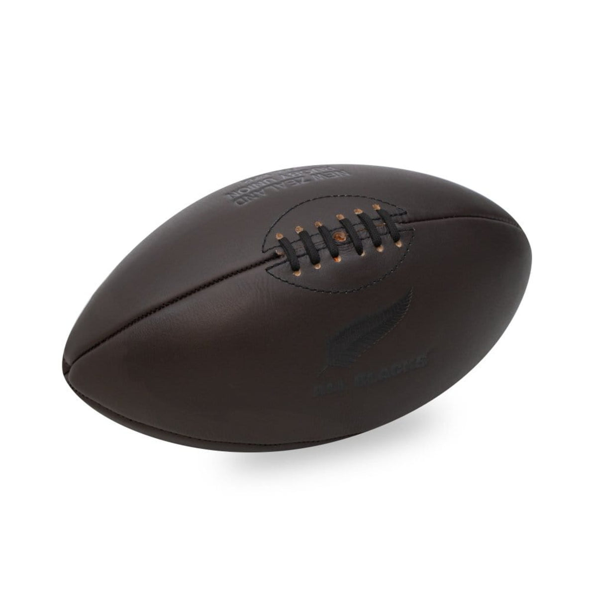 A Gilbert All Blacks Vintage Leather Ball on a white background.