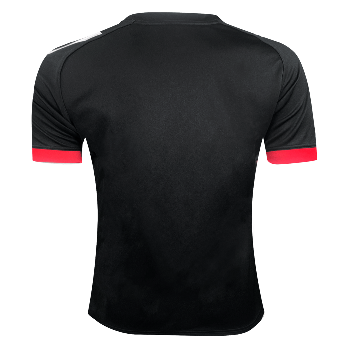 The Māori All Blacks Home Supporters Jersey by adidas is made from recycled polyester and showcases a black design with red cuffs and white accents on the shoulders, shown from the back.