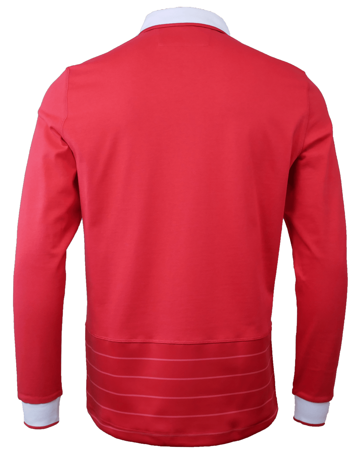 The Wales Long Sleeve Home Polo 22/23 by Macron from the renowned brand Macron features a distinctive red jacket with white accents on the collar and cuffs. The back view reveals horizontal white stripes on the lower portion, highlighting its classic rugby shirt design.