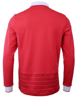 The Wales Long Sleeve Home Polo 22/23 by Macron from the renowned brand Macron features a distinctive red jacket with white accents on the collar and cuffs. The back view reveals horizontal white stripes on the lower portion, highlighting its classic rugby shirt design.