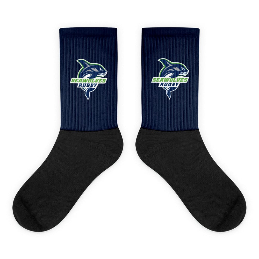 A pair of black Seawolves Rugby socks with the Seattle Dolphins logo on them.