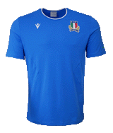 Italy travel tshirt blue cotton round neck macron symbol on front right chest Italian crest embroidered on left front upper chest