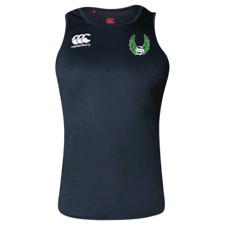 A Sirens Canterbury Black Core Vapodri Rugby Singlet with a green and white logo.