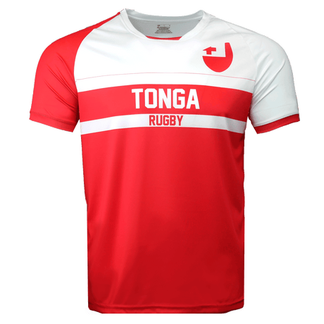 Tonga red and white round neck short sleeve jersey. White chest and left arm and sleeve trimmed in red. Right red shoulder and sleeve. Upper left chest adorned with Tonga flag. Red and white horizontal stripe across center of chest with white Tonga on red and red Rugby below on white stripe. Lower torso in red.