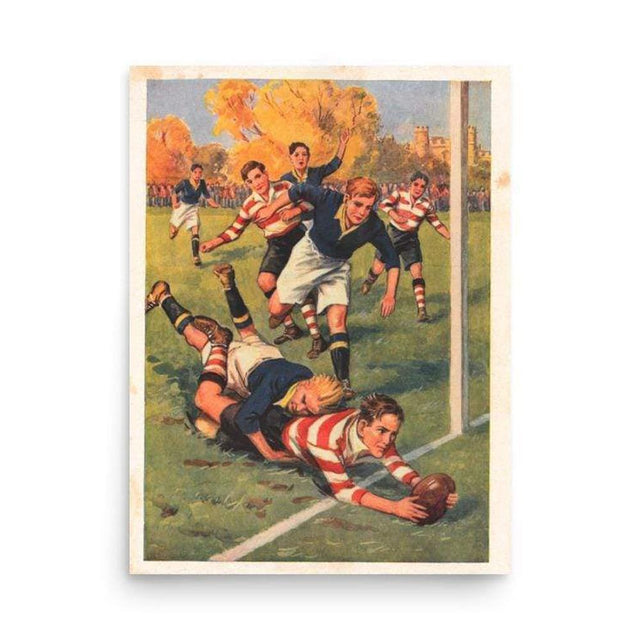 A Vintage Rugby Players Poster depicting children playing rugby on a field.