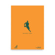 A poster featuring the Wallabies Player Silhouette Poster of a man running on an orange background, showcasing the Australia Wallabies rugby team by PF LIC.