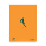 A poster featuring the Wallabies Player Silhouette Poster of a man running on an orange background, showcasing the Australia Wallabies rugby team by PF LIC.