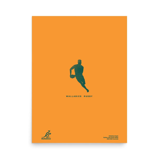 A poster featuring the Wallabies Player Silhouette Poster of a man running on an orange background, showcasing the Australia Wallabies rugby team by PF LIC.