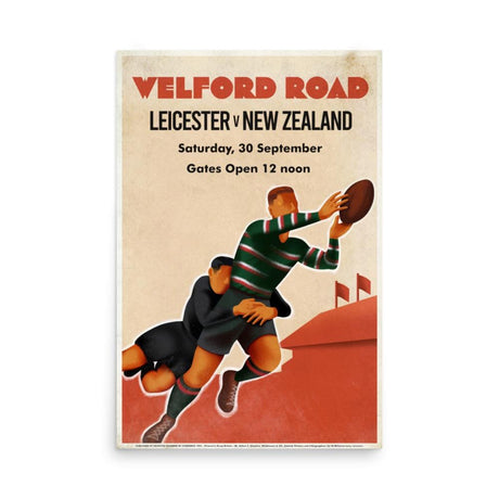 A Vintage Leicester v New Zealand Poster featuring two players for a football game.