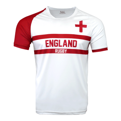 White round neck short sleeve jersey with red right sleeve and left sleeve trimmed in red. England red cross on upper left chest while the word England in red adorns the center of the chest in between two red lines. Rugby in white is below in the red stripe. 