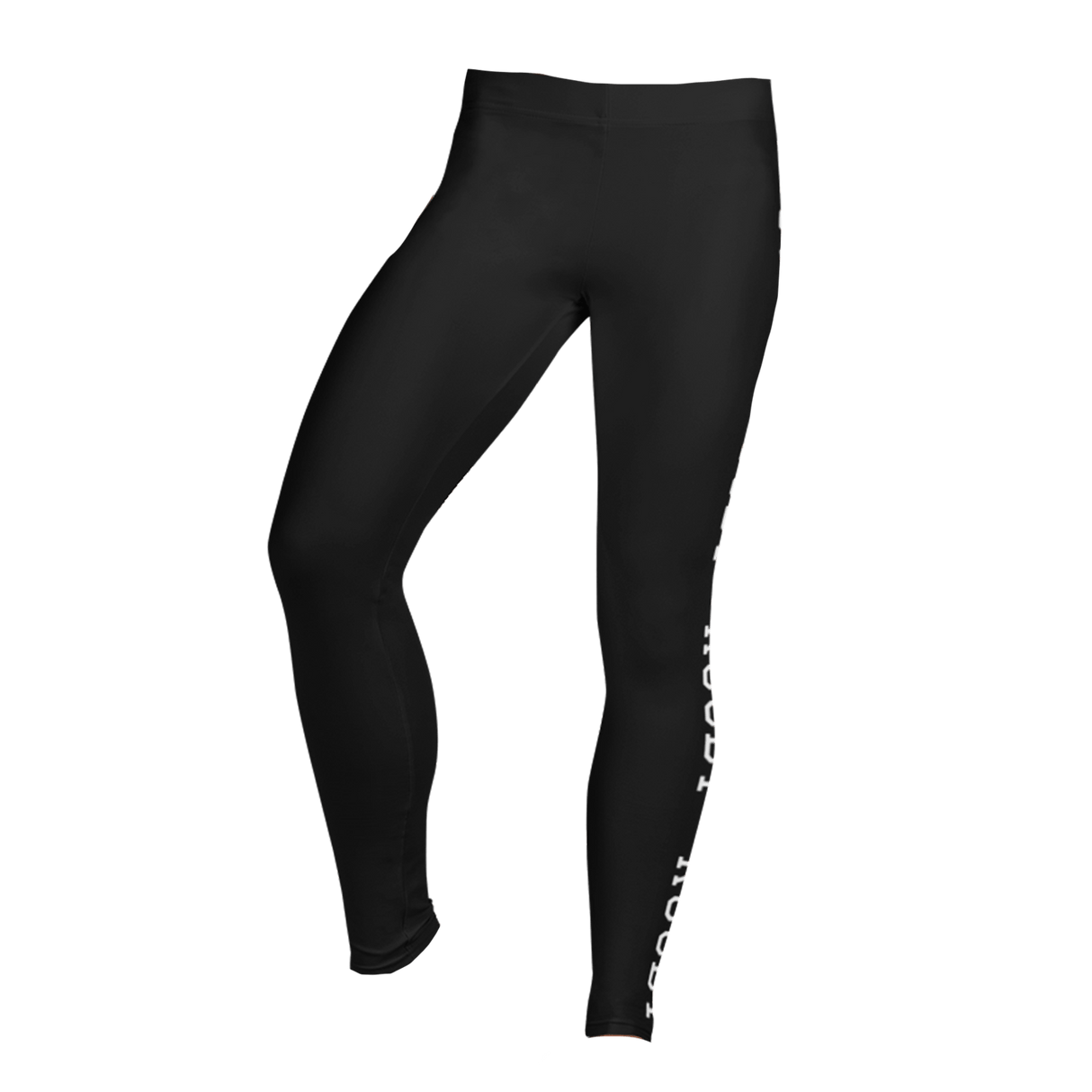 PF LIC's Women's Rugby Leggings in black are made from a polyester/spandex blend, offering four-way stretch for maximum comfort and flexibility, complete with side text on a white backdrop.