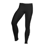 PF LIC's Women's Rugby Leggings in black are made from a polyester/spandex blend, offering four-way stretch for maximum comfort and flexibility, complete with side text on a white backdrop.