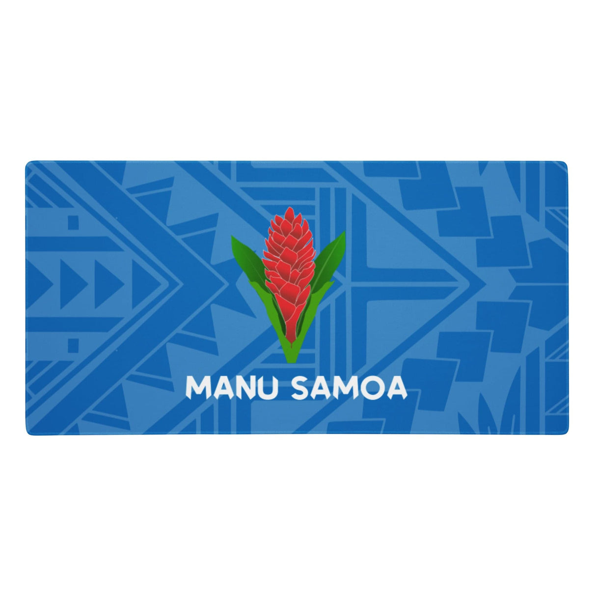 Gaming mouse pad with a blue on blue geometric design and Manu Samoa logo.