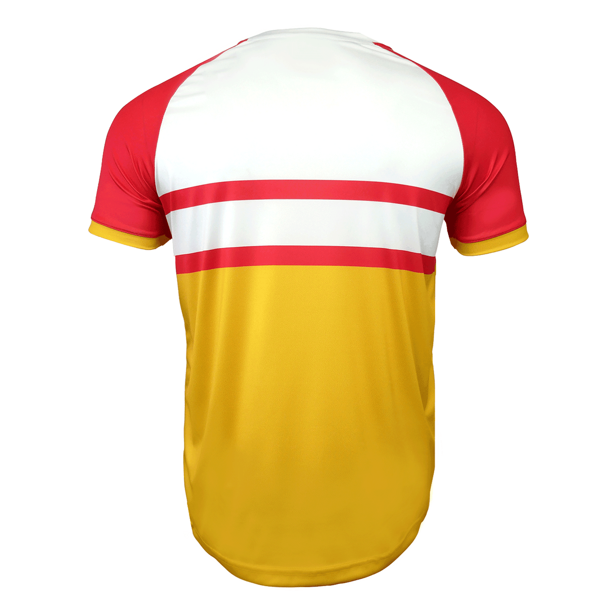 Back side of Spain jersey. White upper torso with red shoulders and sleeves trimmed in yellow. Two red stripes horizontally with yellow lower half.