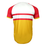 Back side of Spain jersey. White upper torso with red shoulders and sleeves trimmed in yellow. Two red stripes horizontally with yellow lower half.