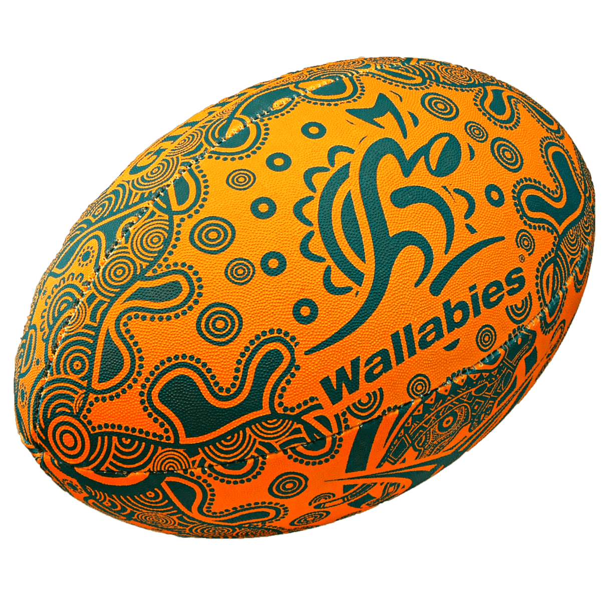 Orange rugby ball with green Wallabies design. 