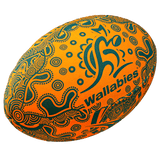 Orange rugby ball with green Wallabies design. 