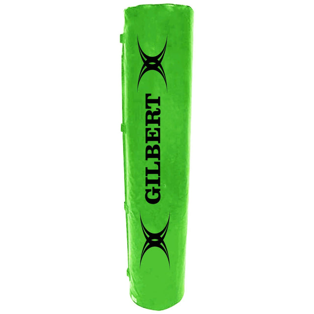 A Gilbert Elite Green Round Rugby Goal Post Pad with a black logo on it.