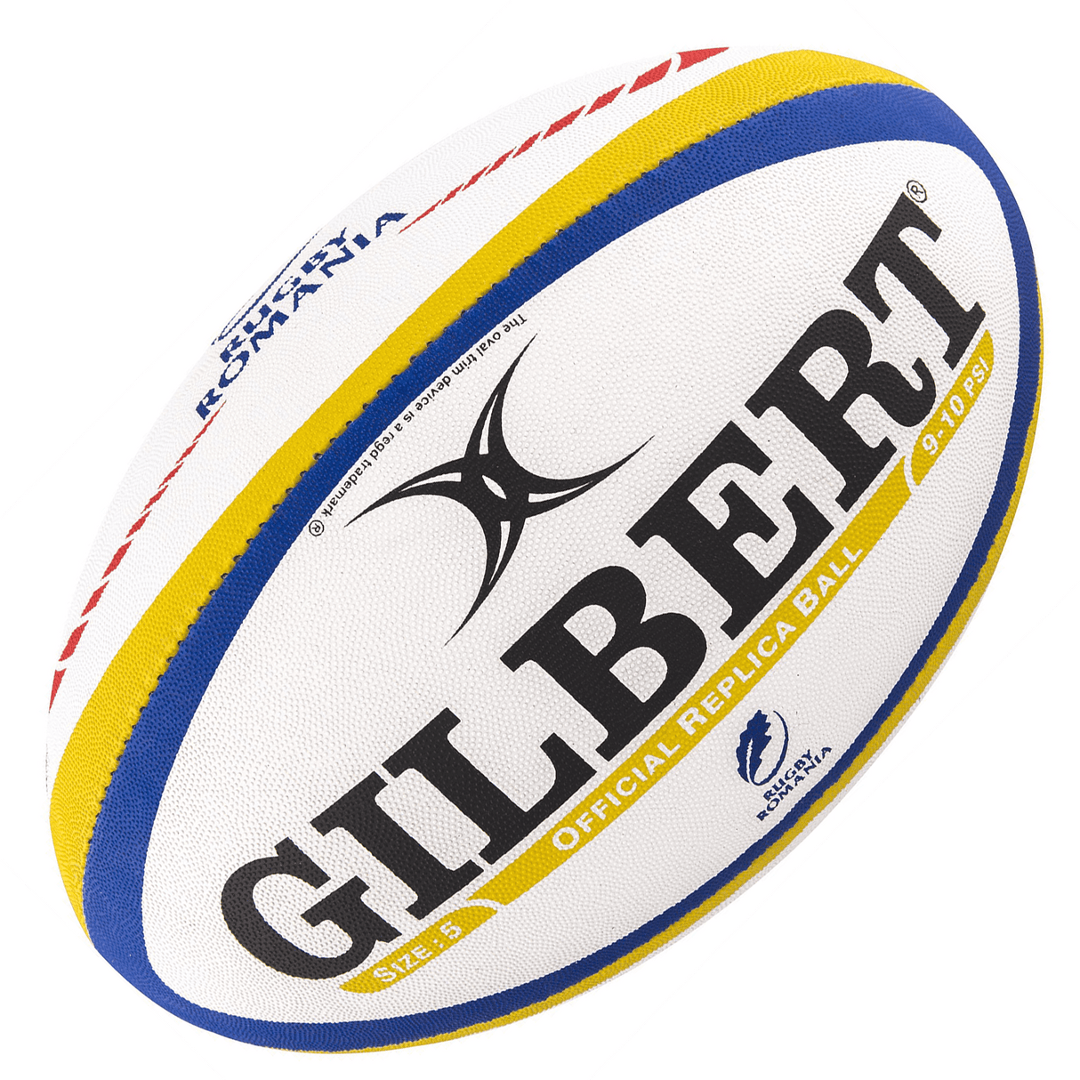 A Gilbert white and blue rugby ball with a yellow stripe, specifically the Romania Replica Rugby Ball.