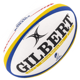 A Gilbert white and blue rugby ball with a yellow stripe, specifically the Romania Replica Rugby Ball.