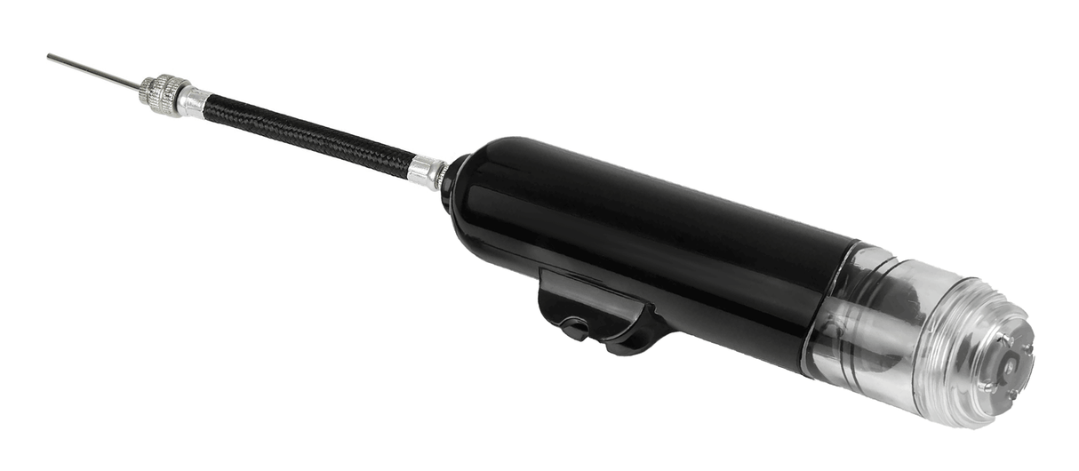 side of hand ball pump with hose and needle extended out black with clear end 