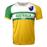 Australia rugby nation jersey in gold, green and white with the Aussie flag crest on the shoulder