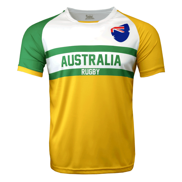 Australia rugby nation jersey in gold, green and white with the Aussie flag crest on the shoulder