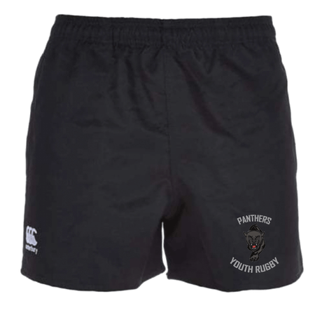 A P.Y.R.C. Canterbury Black Professional Polyester Pocketed Rugby Shorts with a panther on it.