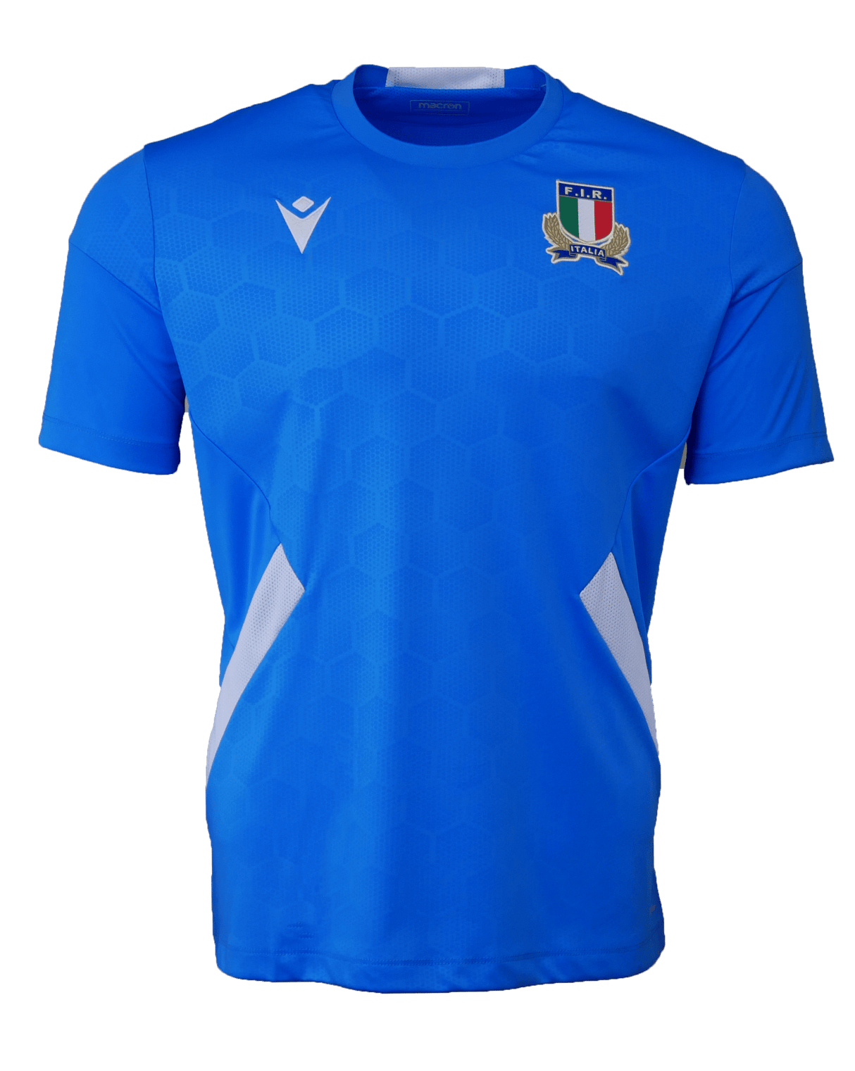 A blue Italy FIR Rugby Training Shirt 22/23 by Macron with a crest on the chest.