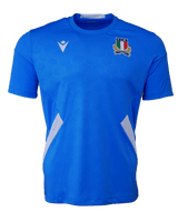 A blue Italy FIR Rugby Training Shirt 22/23 by Macron with a crest on the chest.