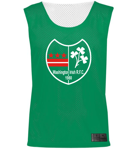 Reversible green and white mesh pinnie with a large Washington Irish RFC logo center front. 