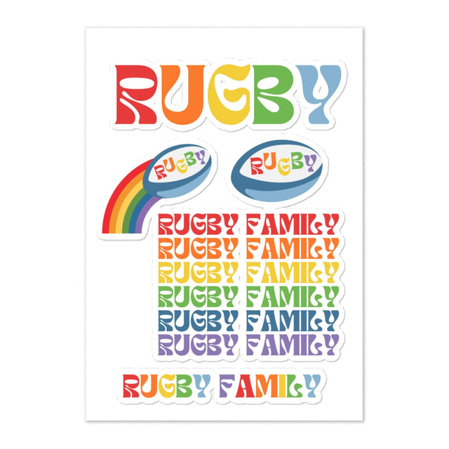 Sticker sheet of rainbow colored designs, including the word 'rugby', a  'rugby family' inscription, and rugby balls.