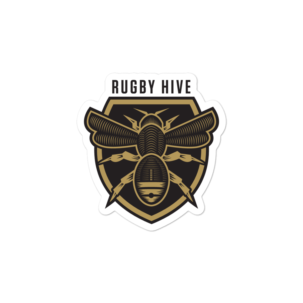 A Rugby Hive sticker on a green background.